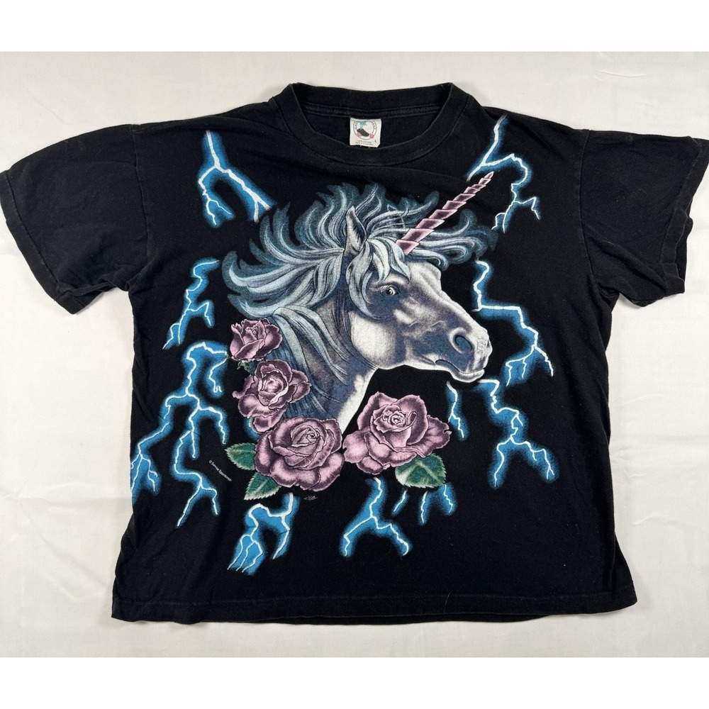 American Thunder Vintage Y2K Unicorn Lightning Rose Graphic Tee Mens L Black